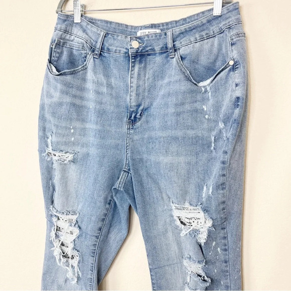 Judy Blue Lace Patch Distressed Light Wash Mid‎ Rise Skinny Jeans - Picture 7 of 13